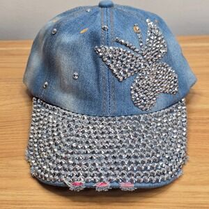 Popfizzy‎ Blue Denim Rhinestone Butterfly Hat For Women Adjustable Distressed